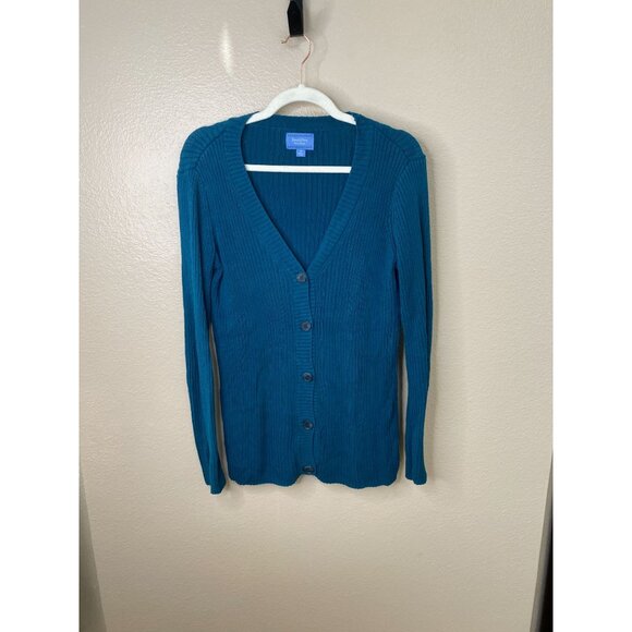Simply Vera Vera Wang Women’s Teal Ribbed Cardigan Sweater M Button-Front Cotton - Picture 1 of 8